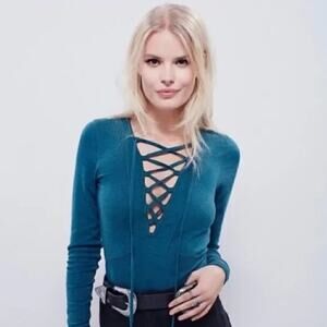 Free People Blue Long Sleeve Deep V-Neck Lucky Lace Up Boho Top Shirt Size S